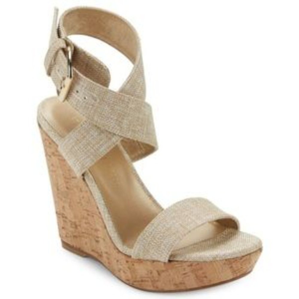 Stuart Weitzman X-Ray Wedge Espadrille in Chablis Tweed/Beige Size 9